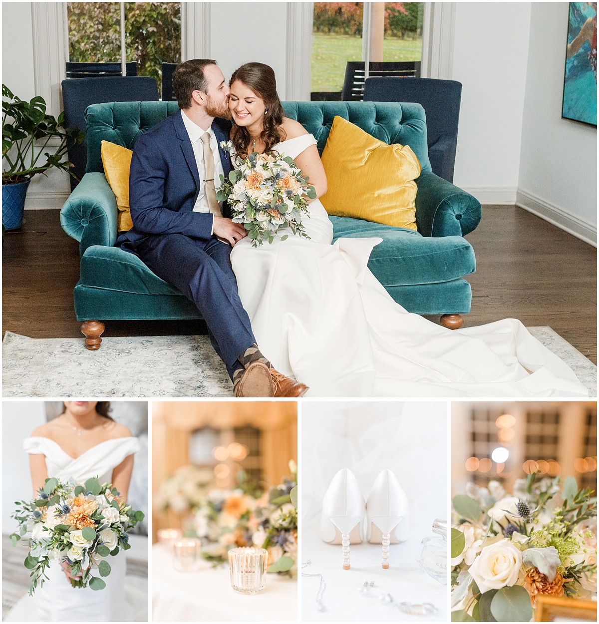 bride and groom on a teal blue couch at Marygold on Main in Newtown, CT